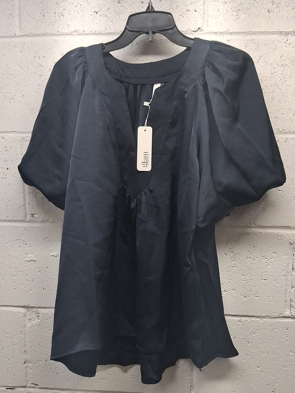 NWT Womens Glam Navy Blue Satin Short Puff Sleeve Top